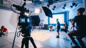 Videoproduktion Köln: Professionelles Filmset mit Kamera, Licht und Produktionsteam in einem Studio